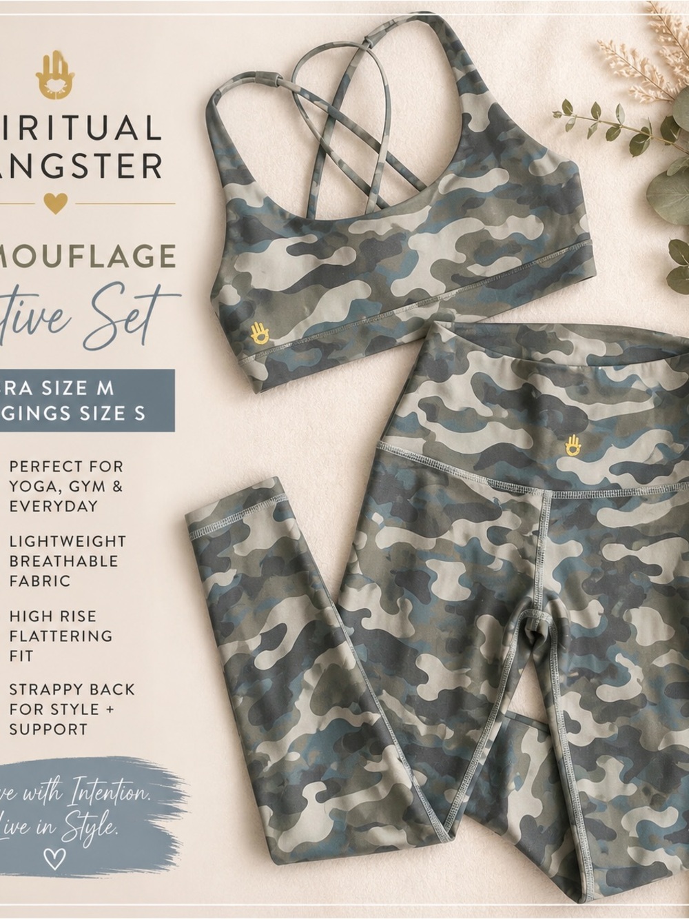 Spiritual Gangster Camo Set Sports Bra M + High Rise Yoga Pants S Athleisure